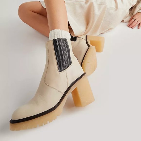 White Leather Free People James Chelsea Heeled Boots in Bone - Picture 3 of 17